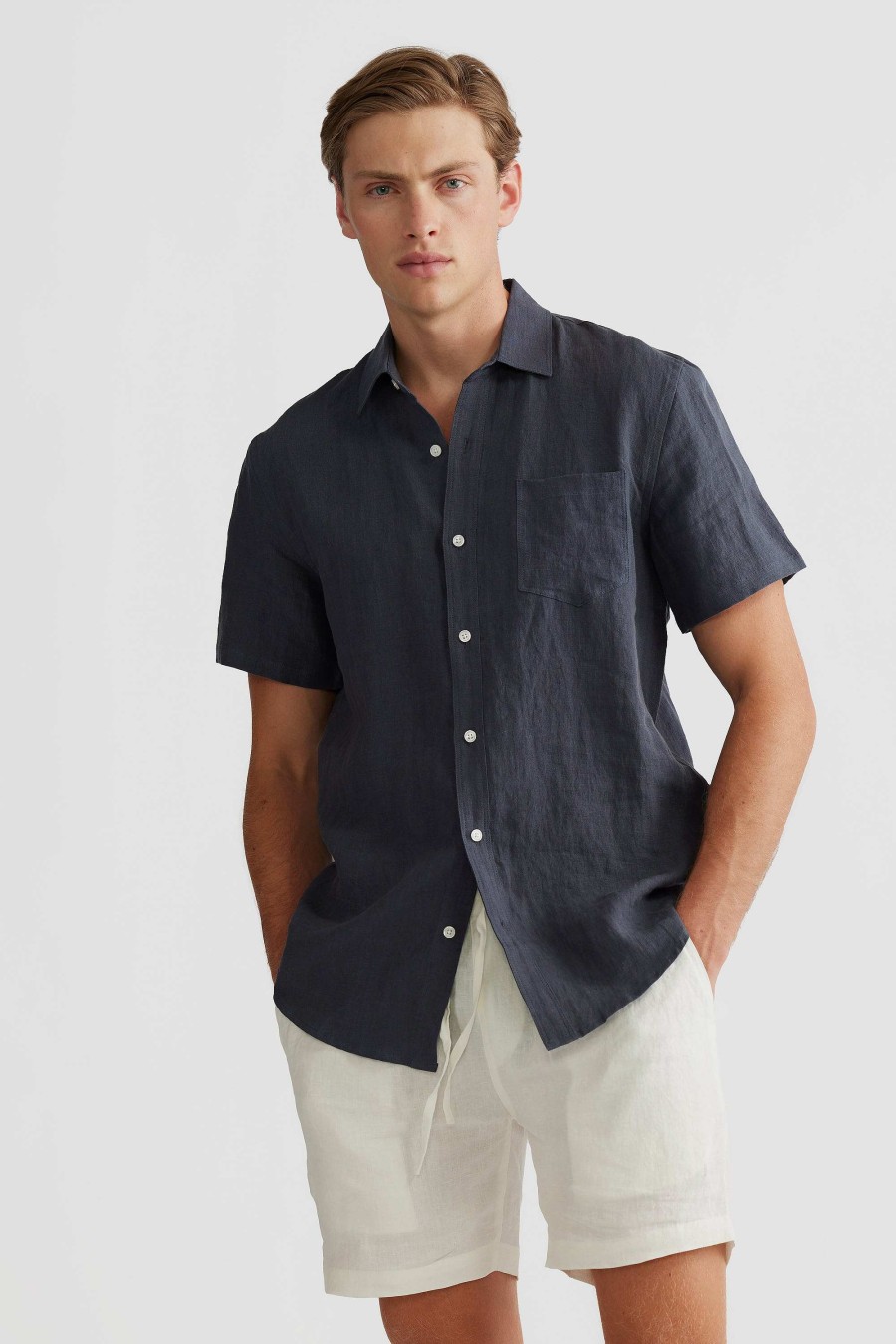 Men Ortc Linen | Linen Shirt Short Sleeve Charcoal