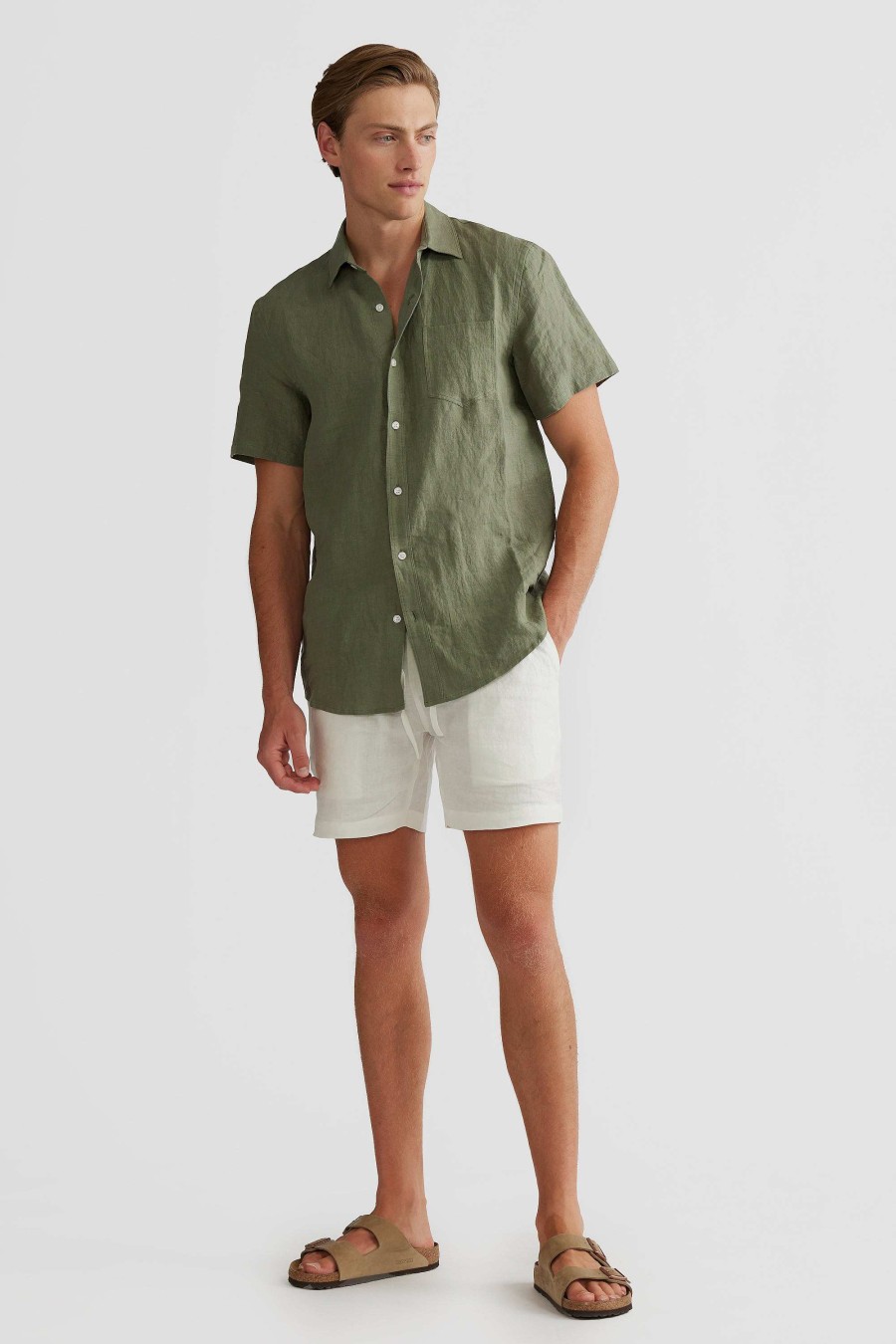 Men Ortc Linen | Linen Shirt Short Sleeve Olive