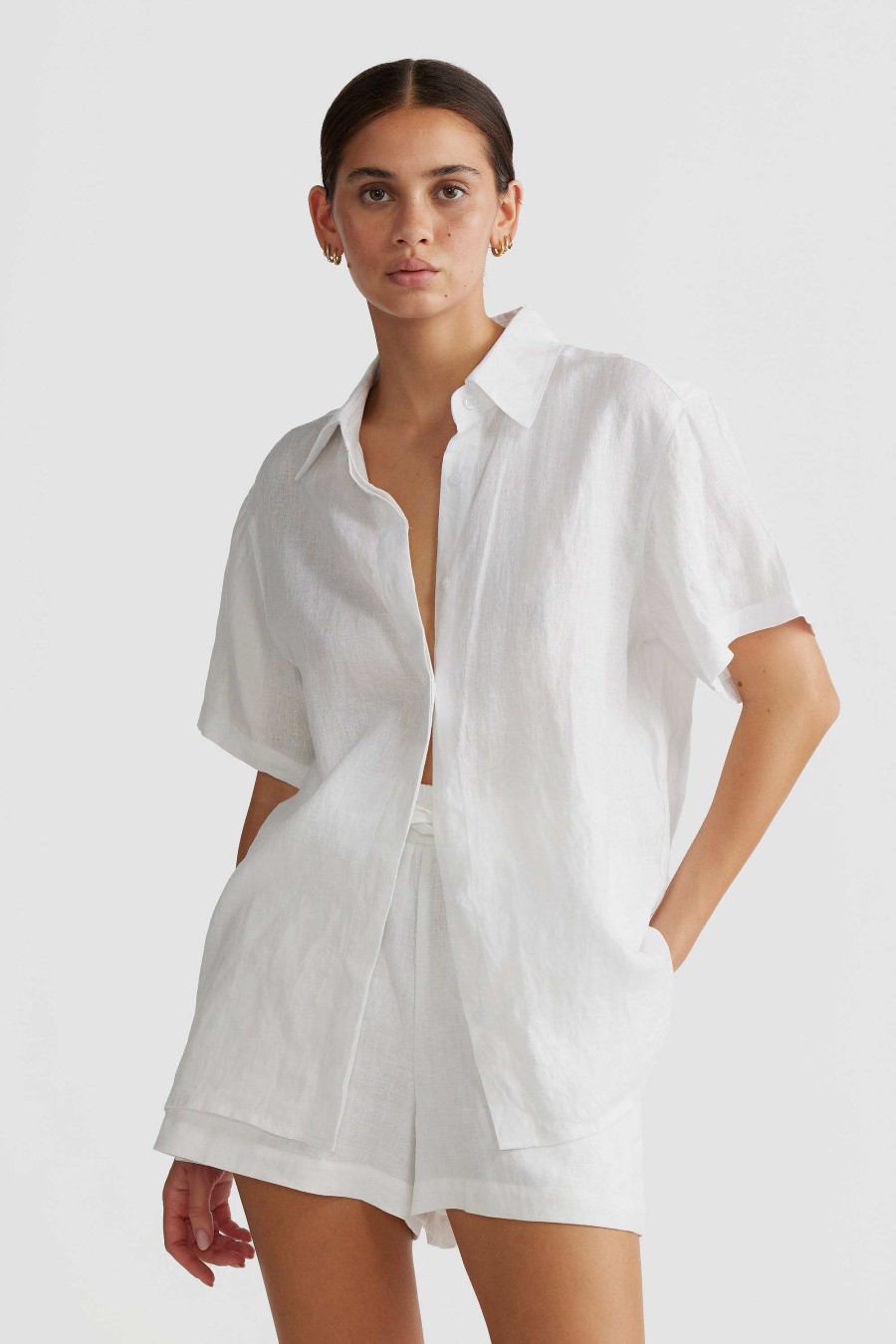 Women Ortc Tops | Evie Short Sleeve Linen Shirt White