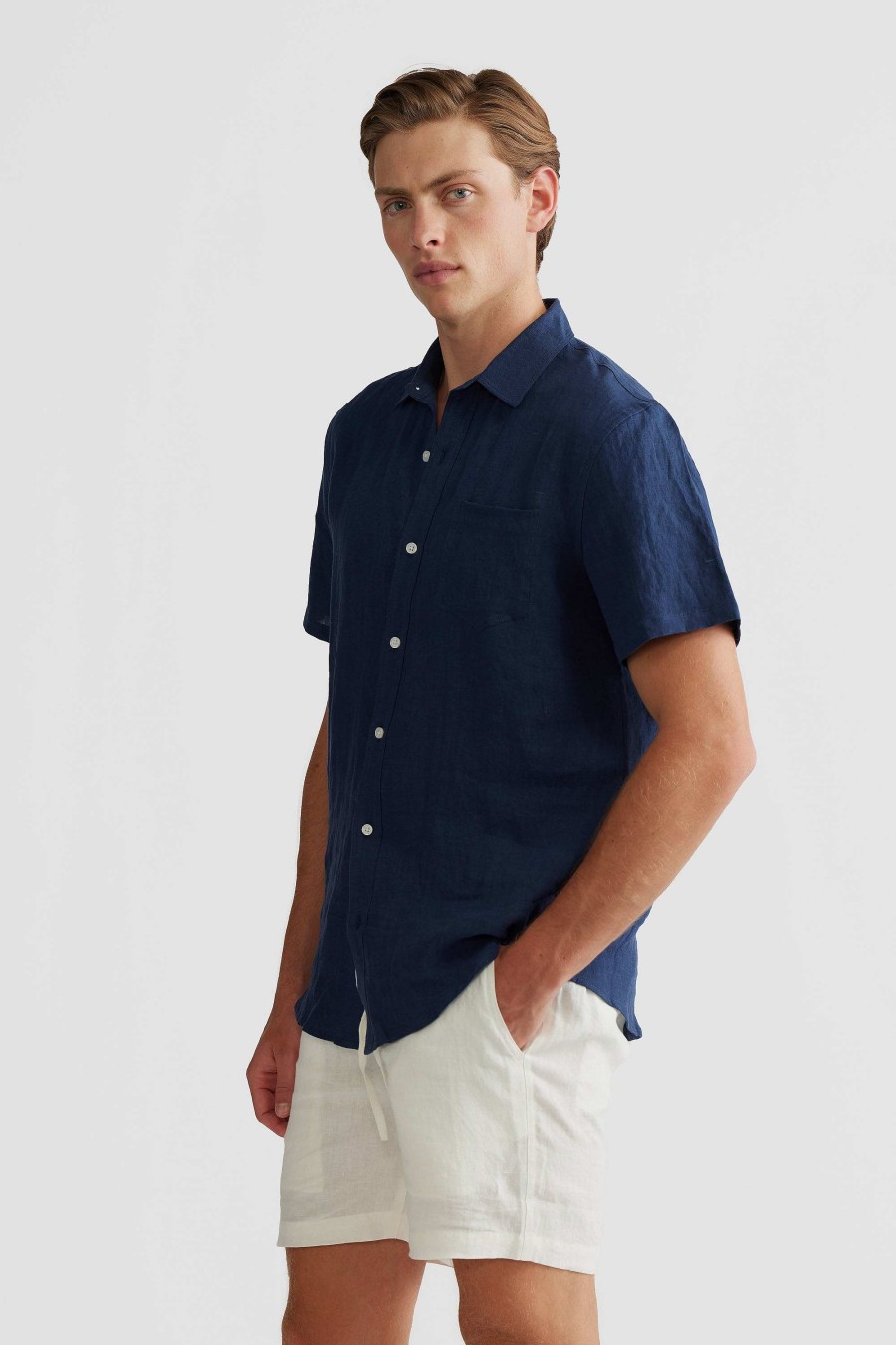 Men Ortc Linen | Linen Shirt Short Sleeve Navy