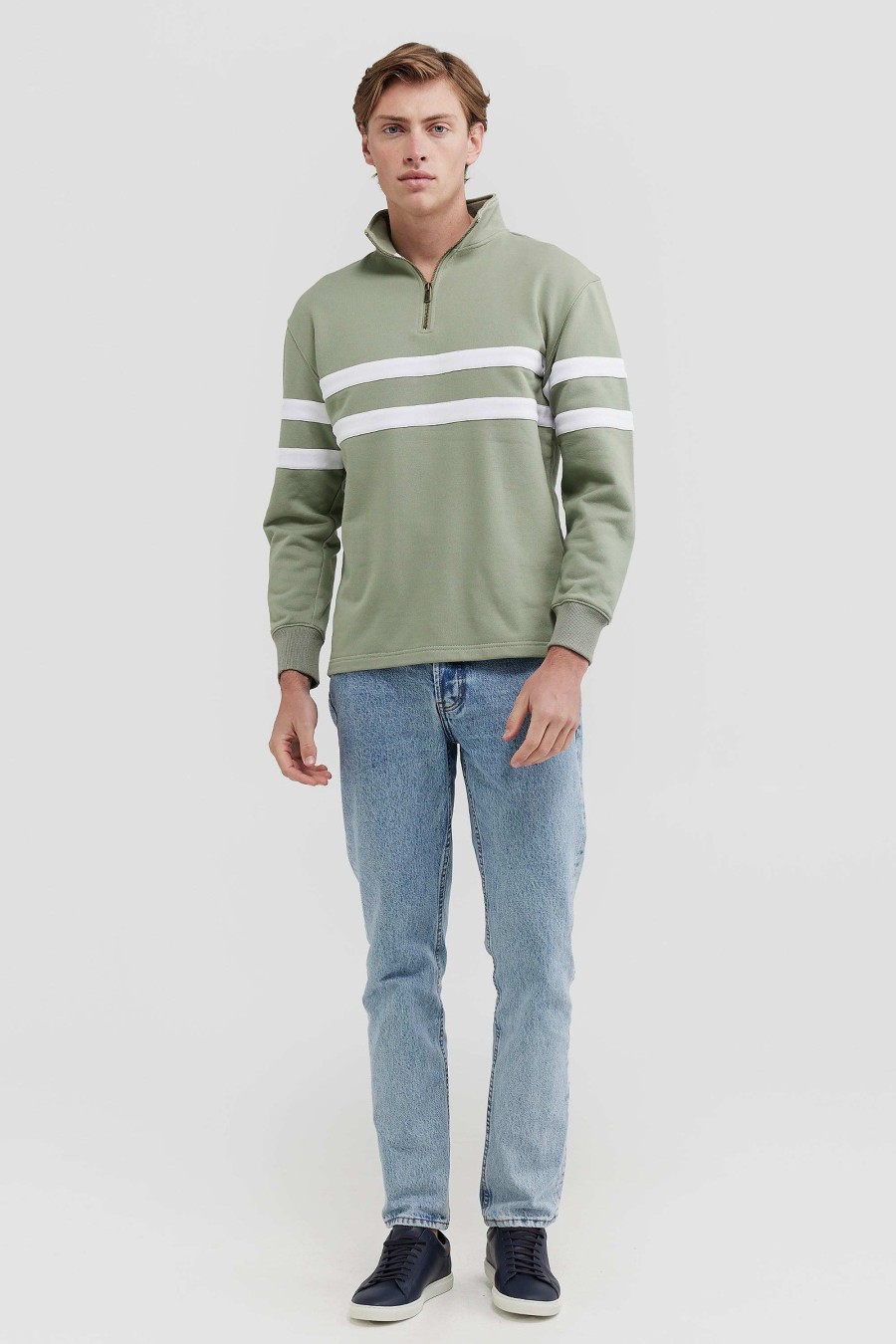 Men Ortc Quarter Zips | Collegiate Stripe Quarter Zip Dusty Olive