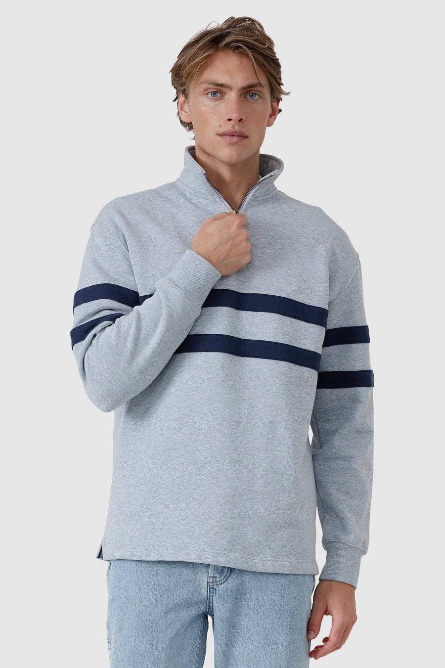 Men Ortc Quarter Zips | Collegiate Stripe Quarter Zip Grey Marle