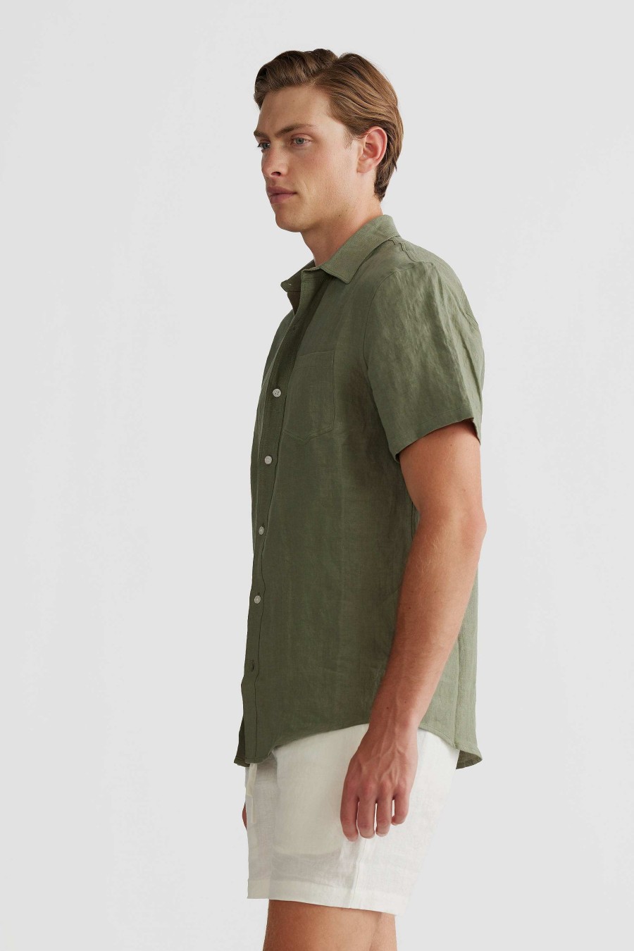 Men Ortc Linen | Linen Shirt Short Sleeve Olive