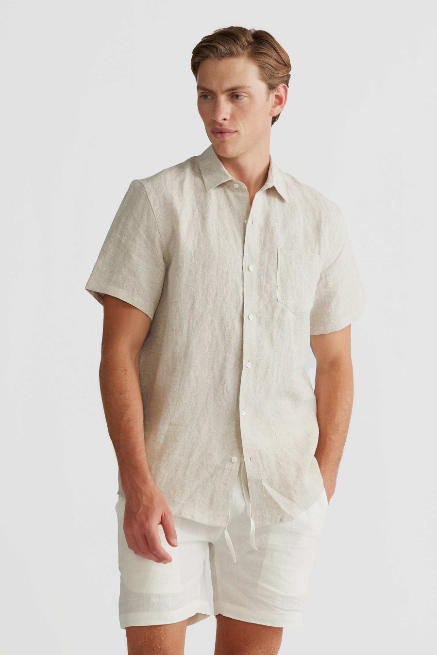 Men Ortc Linen | Linen Shirt Short Sleeve Sand