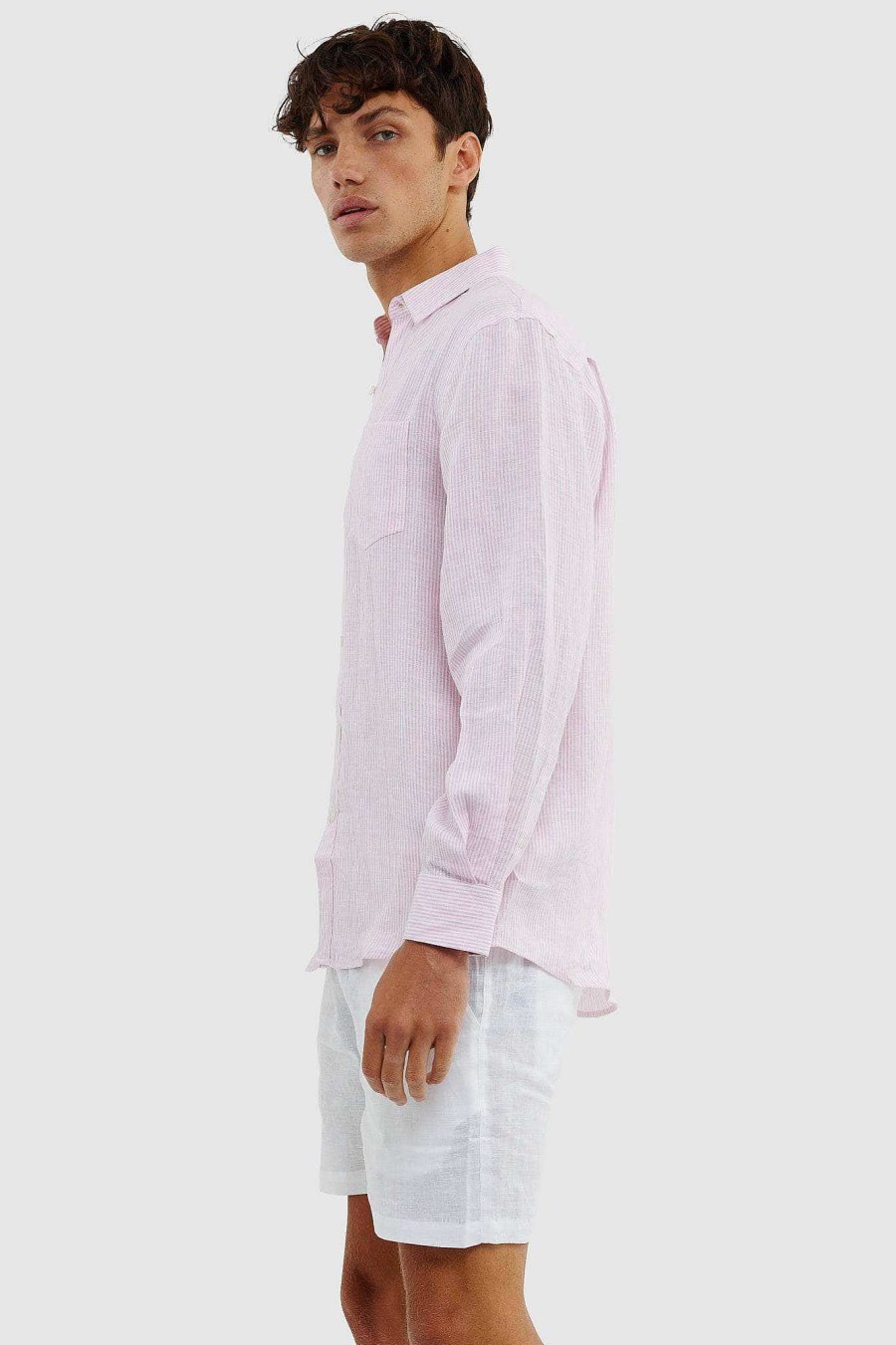 Men Ortc Linen | Linen Shirt Thin Pink Stripe