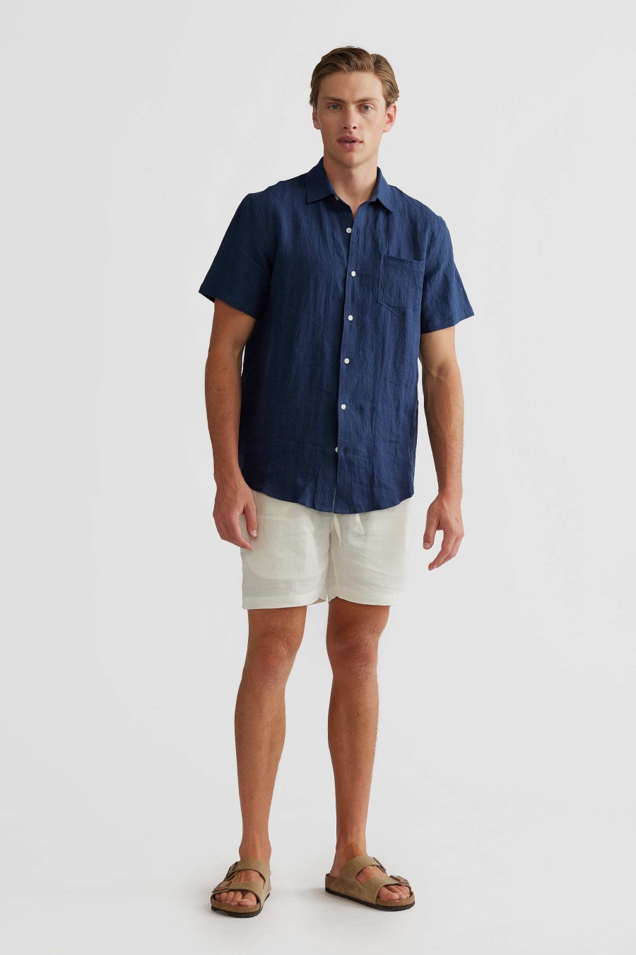 Men Ortc Linen | Linen Shirt Short Sleeve Navy